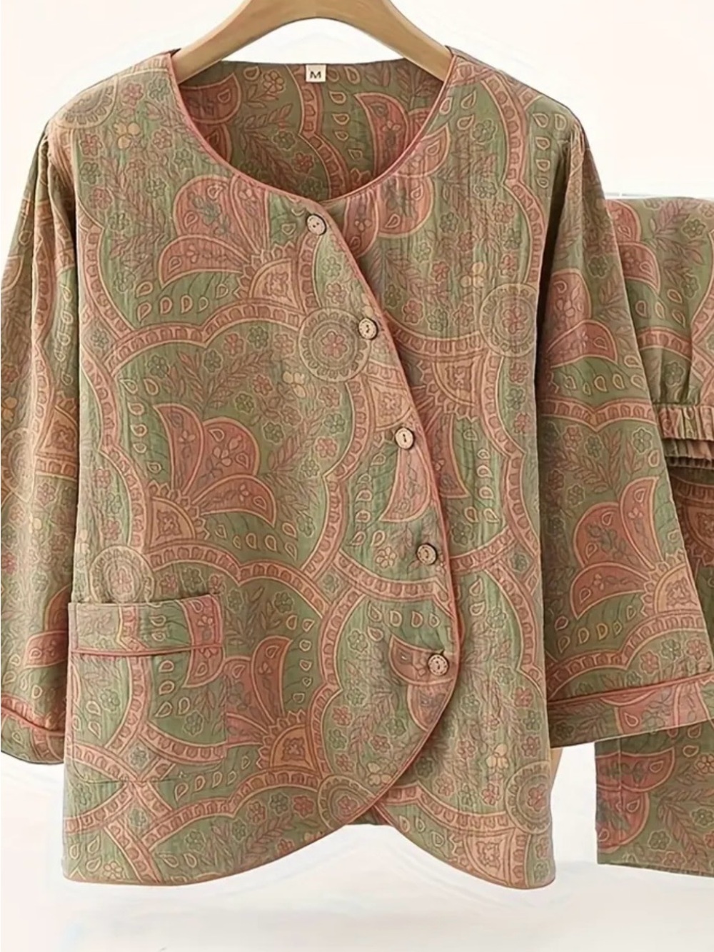 Boho Paisley Quilted Button Front 3/4 sleeve Jacket in Sage and Dusty Rose
